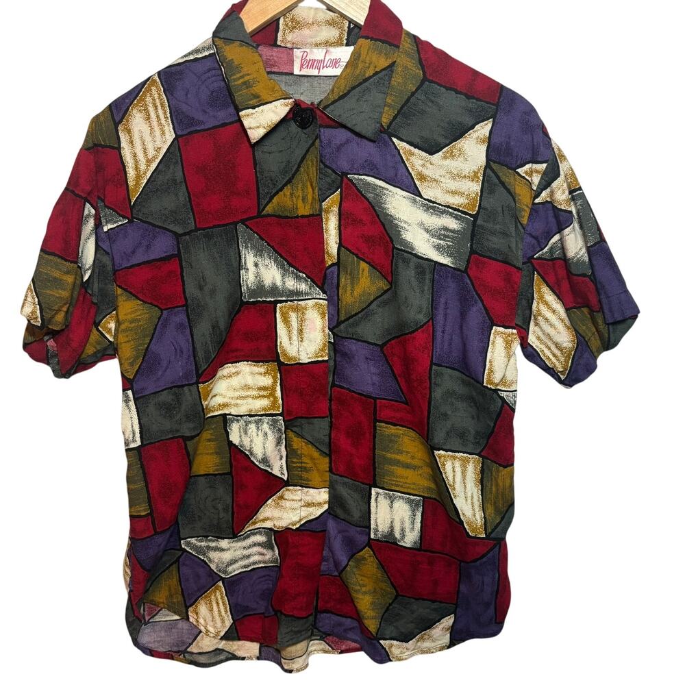 Vtg Penny Lane Women's Size M Rayon Button Up Shirt Top Geometric Shoulder Pads